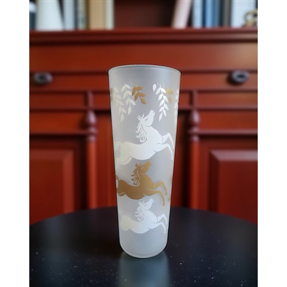 Vintage Libbey Cavalcade Frosted Glass w/ White‎ & Gold Horses 2.5"x 7"
